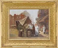 D E Tirefort, Street Market-New York City, Oil on canvasboard scene shows a merchant under make do tarp with customers in an area of other shops and buildings
