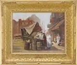 D E Tirefort, Street Market-New York City, Oil on canvasboard scene shows a merchant under make do tarp with customers in an area of other shops and buildings