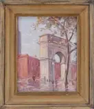 Bela De Tirefort, Washington Square, Oil on masonite scene shows the monument arch with buildings under blue sky. One figure is seen
