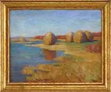William A. Hill, Marsh Hay, Hampton, Oil on canvas board scene shows haystacks in a marshy area lined with trees in the Autumn