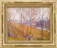 Edwin Ambrose Walter, Autumn Hillside, Oil on board scene shows a hillside with trees overlooking a coastal area
