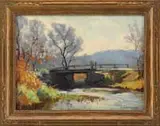 Charles Henry Richert, Shawsheen Bridge, Oil on board summer scene shows a figure fishing from a bridge in a stream setting
