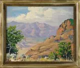 Amy Griffiths Difley Brown O’Toole, California Mountains and Valley, Oil on canvas scene shows a rocky mountainside leading to a wide valley and large mountains beyond