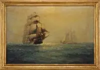 James J. McAuliffe, Ships at Sea, Oil on canvas nautical scene shows an oncoming three-mast tall ship with a smaller two-mast sailboat going right to left
