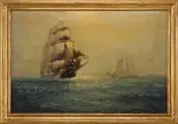 James J. McAuliffe, Ships at Sea, Oil on canvas nautical scene shows an oncoming three-mast tall ship with a smaller two-mast sailboat going right to left