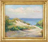 Caroline M. Bell, Road to the Sea, Oil on board coastline scene shows a sandy road leading through grass covered dunes to blue water
