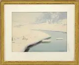 Winter Stream by John Whorf, Watercolor winter scene shows a winding stream through snow covered banks, sold Feb 2009