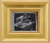 Daniel Ralph Celantano, Three Generations, Black and white oil on board illustration shows a mother with her newborn infant with grandmother seated beside
