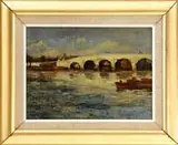 John Reid, The White Bridge, Oil on canvas river scene shows a five arch white bridge over tranquil blue water with boats moored to the right side
