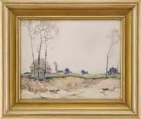 Chauncey Foster Ryder, Trees and Houses, Watercolor scene shows a sandy bank with trees atop looking across to a farm and groups of trees