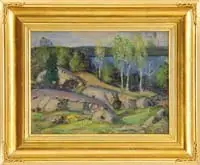 Frank A. Barney, Eagle Lake, Canada, Oil on board summer scene shows a lake hidden behind tall trees and rock boulder hillside