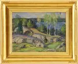 Frank A. Barney, Eagle Lake, Canada, Oil on board summer scene shows a lake hidden behind tall trees and rock boulder hillside