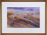 Last One in by Joyce Williams, Watercolor coastal scene shows a man dragging a small boat onto land near beach and inlet, sold Feb 2009