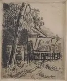 Paul Cézanne, PAYSAGE à AUVERS, ENTREE DE FERME, Etching in sepia, 1873 shows a house behind picket fence with tree
