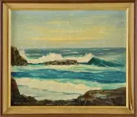 Charles Stepule, New England Coast, Oil on canvas coastal scene shows waves crashing onto coastal rocks. A tall sail ship is on horizon under a light sky