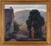 Alphonse Palumbo, Feeding the Ducks, Oil on canvas scene shows a woman feeding three ducks outside her house with trees and mountains