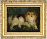 Signed, Portrait of a Dog, Oil on masonite scene shows a dog with brown, black and white fur lying in a bed of flowers with a forest background