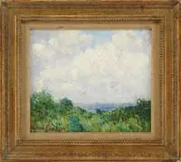 Walter Pearson Shaw Griffin, Summer Breeze, Oil on board summer scene shows an overlook including green trees and water under an expanse of white cloud and blue sky