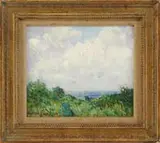 Walter Pearson Shaw Griffin, Summer Breeze, Oil on board summer scene shows an overlook including green trees and water under an expanse of white cloud and blue sky