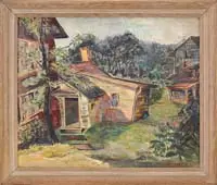 Peter Bela Mayer, Country Living, Oil on canvasboard scene shows two country houses, one with attached barn in a green tree landscape