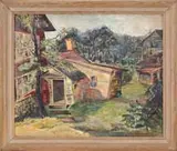 Peter Bela Mayer, Country Living, Oil on canvasboard scene shows two country houses, one with attached barn in a green tree landscape