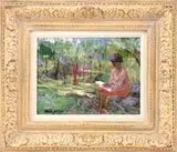Martin Jackson, Reading in the Park, Oil on canvas scene shows an African-American woman seated on rocks in a park-like setting amongst trees and flowers