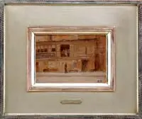 Ernest Haskell, Warehouse Row, Oil on wood panel shows the side of an industrial warehouse with a man walking right to left in front
