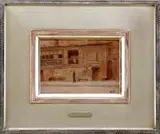 Ernest Haskell, Warehouse Row, Oil on wood panel shows the side of an industrial warehouse with a man walking right to left in front