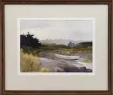 Joyce Williams, Two Works: “The White Dory” and “Monhegan Cliffs, Two framed watercolors. 1) Scene shows an inlet shoreline at low tide with white dory, houses and grass and trees