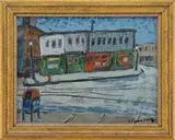 Alex Tschernjawski, Atlantic Ave, Boston, Oil on canvas street scene shows a colorful row of buildings with a US mailbox in the foreground