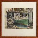 Corey, Boats at Dock, Watercolor scene shows large green hulled sailboat with smaller boat beside, moored to a tall dock with building