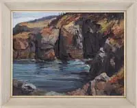 Kelsey Raymond, The Quiet Cove, Oil on masonite scene shows a calm cove surrounded by sharp cliffs under blue skies