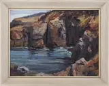 Kelsey Raymond, The Quiet Cove, Oil on masonite scene shows a calm cove surrounded by sharp cliffs under blue skies
