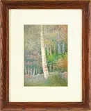 Percy A. Sanborn, The Lone Birch, Watercolor woodland landscape shows a central white birch in front of a low rock wall with forest behind