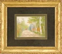 Percy A. Sanborn, Ride Through the Birches, Watercolor scene shows a four-wheel cart with man and horse riding on a dirt road lined with birches and trees