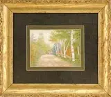 Percy A. Sanborn, Ride Through the Birches, Watercolor scene shows a four-wheel cart with man and horse riding on a dirt road lined with birches and trees