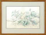 Percy A. Sanborn, White Lilacs, Watercolor still life shows several branches of white lilacs having green leaves