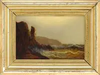 Harrison Bird Brown, Coastal Cliffs, Oil on light board shows shoreline cliffs with waves under a late afternoon sky