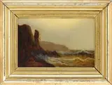 Harrison Bird Brown, Coastal Cliffs, Oil on light board shows shoreline cliffs with waves under a late afternoon sky