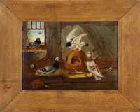 Unsigned, Barn Pigeons, Oil on artist board shows the interior of a barn with three pigeons at feeder while another is perched by a window
