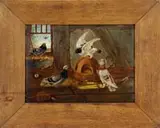 Unsigned, Barn Pigeons, Oil on artist board shows the interior of a barn with three pigeons at feeder while another is perched by a window