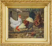 Rooster and Chickens by Unsigned, Oil on artist board farmyard scene shows a colorful rooster flanked by white and brown hens. Barn is seen in background, sold Aug 2008