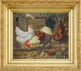 Unsigned, Rooster and Chickens, Oil on artist board farmyard scene shows a colorful rooster flanked by white and brown hens. Barn is seen in background