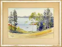 C. K. Cobb, Maine Coast, Watercolor summer scene shows a boat moored in a small cove with tree and rock lined shore with low hills beyond