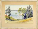 C. K. Cobb, Maine Coast, Watercolor summer scene shows a boat moored in a small cove with tree and rock lined shore with low hills beyond