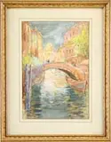 Ethel Leach Pennewill Brown, Venice Bridge, Watercolor scene shows a bridge over waterway with figures, boats and buildings