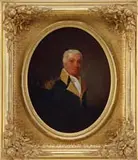 Harriette Creighton George, Portrait of General Henry Knox, Oval oil on canvas laid on masonite shows Knox in a blue and gold uniform with gold epaulets