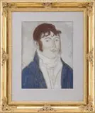 Unsigned, Portrait of a Man, Pastel and charcoal on wove rag paper shows a man with brown hair, blue eyes and wearing a blue coat with white shirt