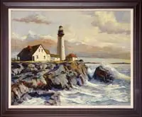 J. J. Enwright, Portland Headlight, Oil on canvas scene of a large white lighthouse with connected buildings on rocky point
