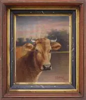 Delbert Dana Coombs, Portrait of a Cow, Oil on canvas scene shows a brown cow against setting sun sky with water and tree lined bank